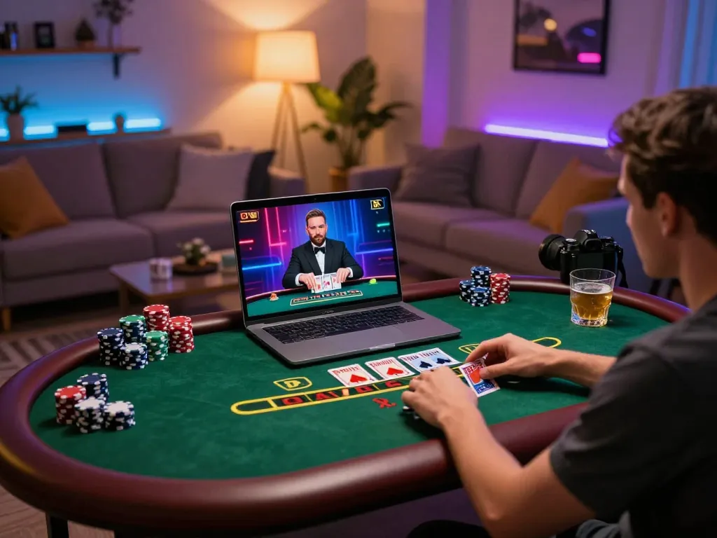 Engaging player enjoying a live dealer game on DN88, showcasing strategic blackjack action and cozy home ambiance.
