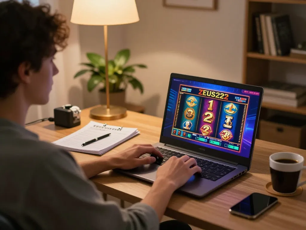 Engaging gameplay on ZEUS222's slot app, showcasing dynamic betting action in a cozy home setting.