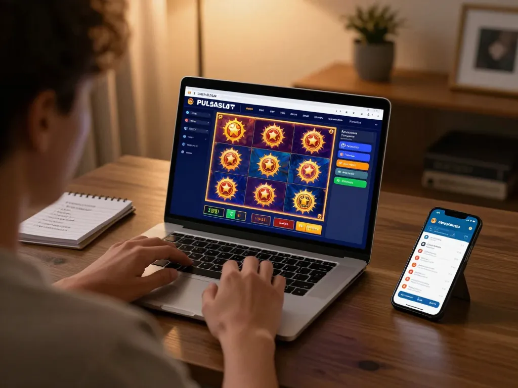 PULSASLOT gaming scene with player engaged in online slots and betting strategies.
