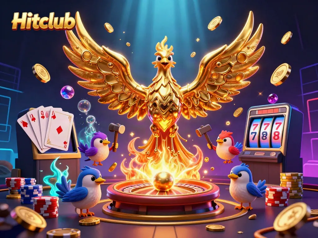 Experience immersive gaming at Hitclub with a stunning 3D casino scene featuring a molten phoenix and dynamic elements.