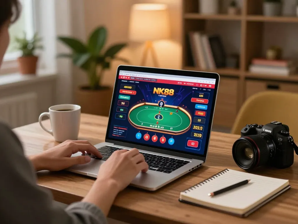 Engaging player enjoying NK88 online casino experience with poker game on laptop.