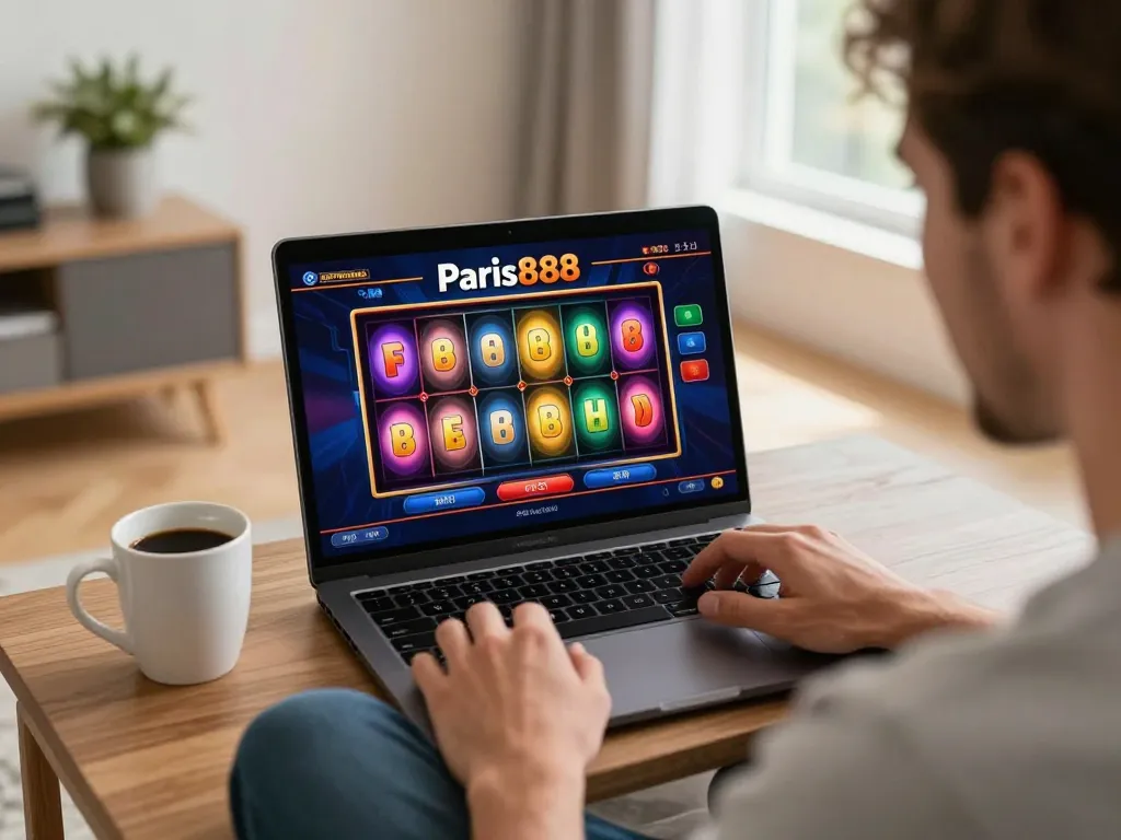 Player enjoying a vibrant session on Paris888 online slots from a cozy home setting, highlighting excitement and engagement.