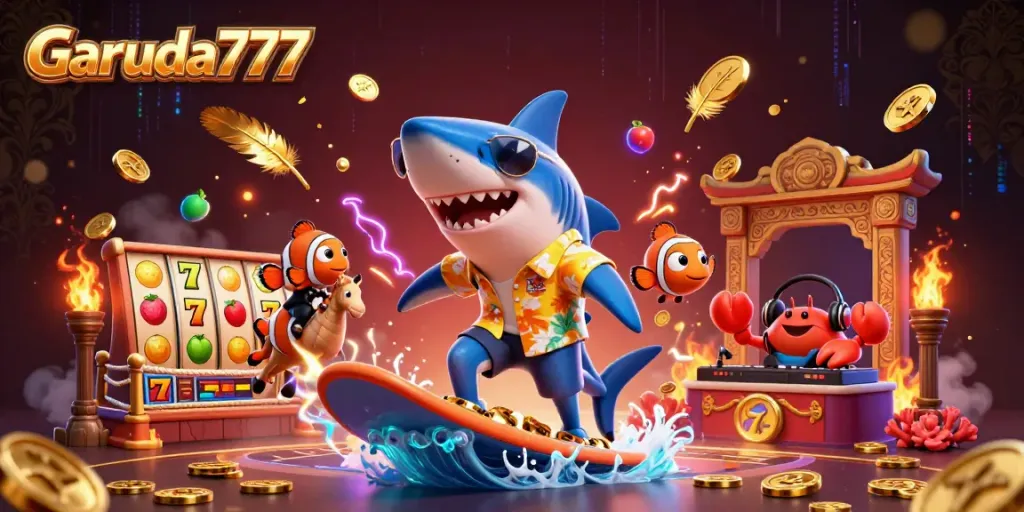 Permainan slot Garuda777 dengan hiu kartun 3D berselancar di tumpukan koin emas.