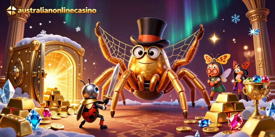 A dynamic scene showcasing australianonlinecasino with a giant golden tarantula and a brave beetle knight amidst casino treasures.
