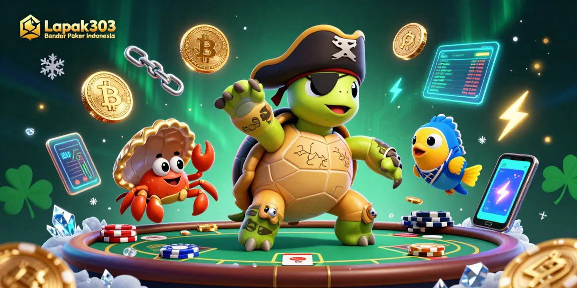 Mainkan Lapak303 Bandar Poker Indonesia bersama karakter kartun unik di bawah tumpukan chip poker yang memukau.