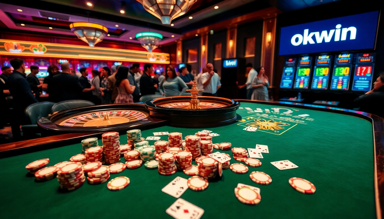 Engaging scene of high-stakes gambling with poker chips and okwin branding.