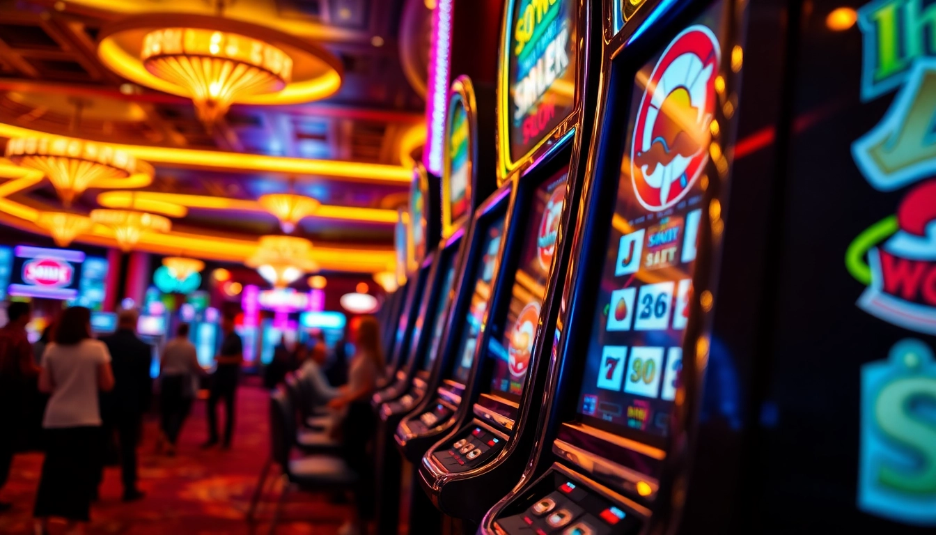 Judi slot yang intens di mesin slot berkilau di kasino yang ramai.