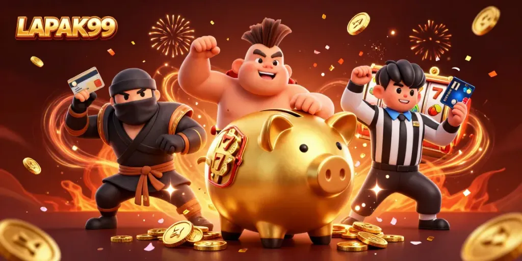 LAPAK99 showcases a lively casino scene featuring a golden piggy bank wrestler, a wallet ninja, and a credit-card referee amidst vibrant slot symbols and confetti.
