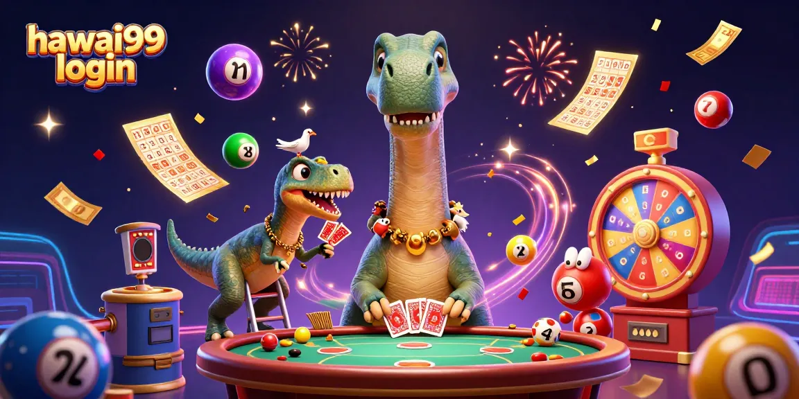 Engage with hawai99 login through an exciting casino scene featuring a brontosaurus and raptor.