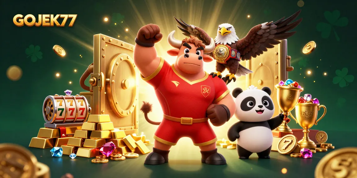 Experience the excitement of GOJEK77 with a victorious bull, eagle, and panda celebrating with slot reels.