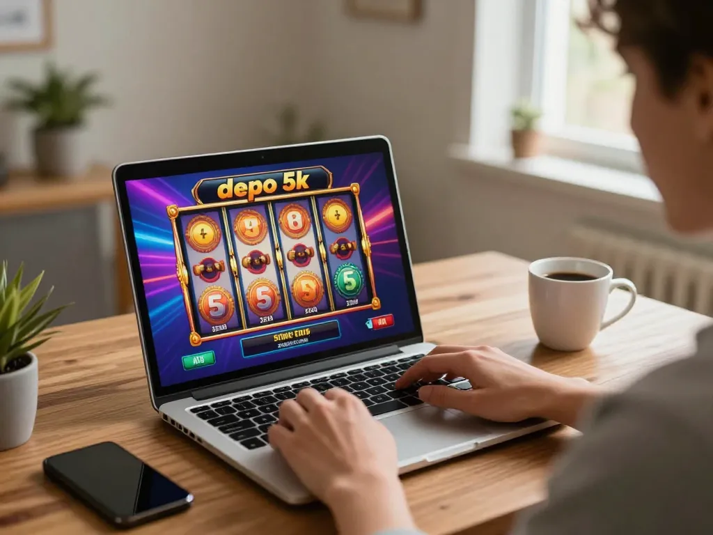 Player engaging in slot depo 5k gameplay on laptop, vibrant reels displayed, cozy home setup.