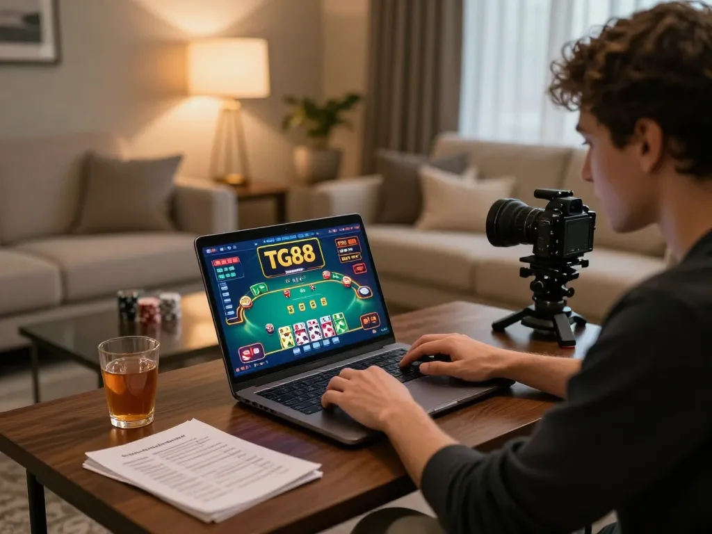 Person engaged in an online casino game on TG88 at home, emphasizing a strategic gaming environment.