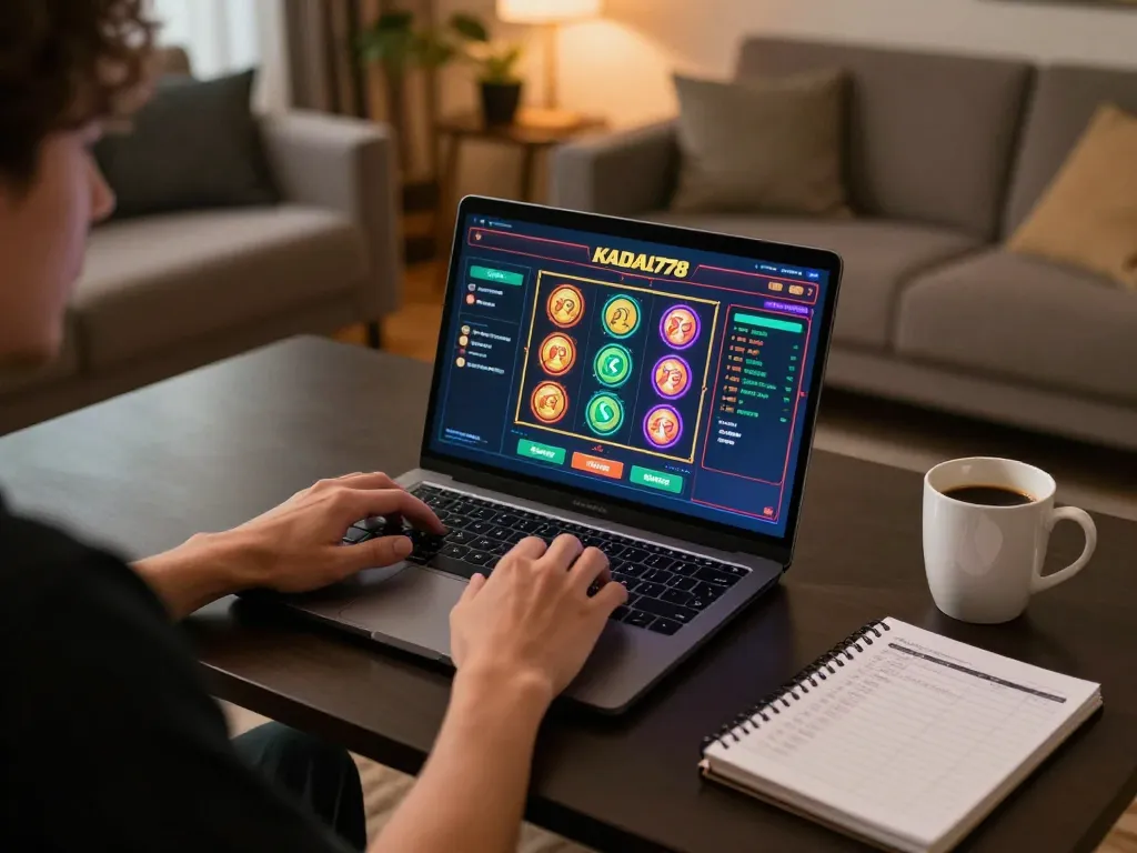 KADAL778 player enjoying an online casino game at home with vibrant interface and strategic notes visible.