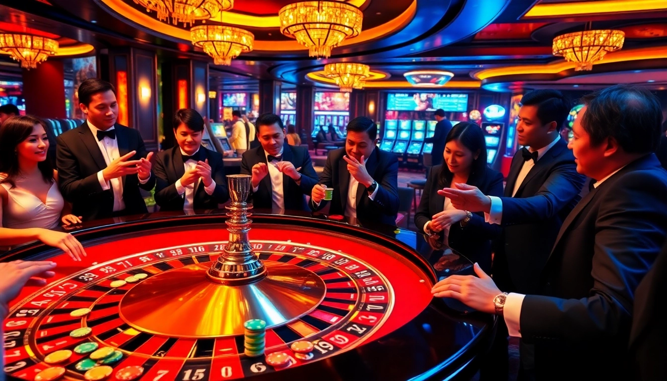 Situs11 captivates players at a stylish roulette table with vibrant chips and cards in a luxury casino setting.