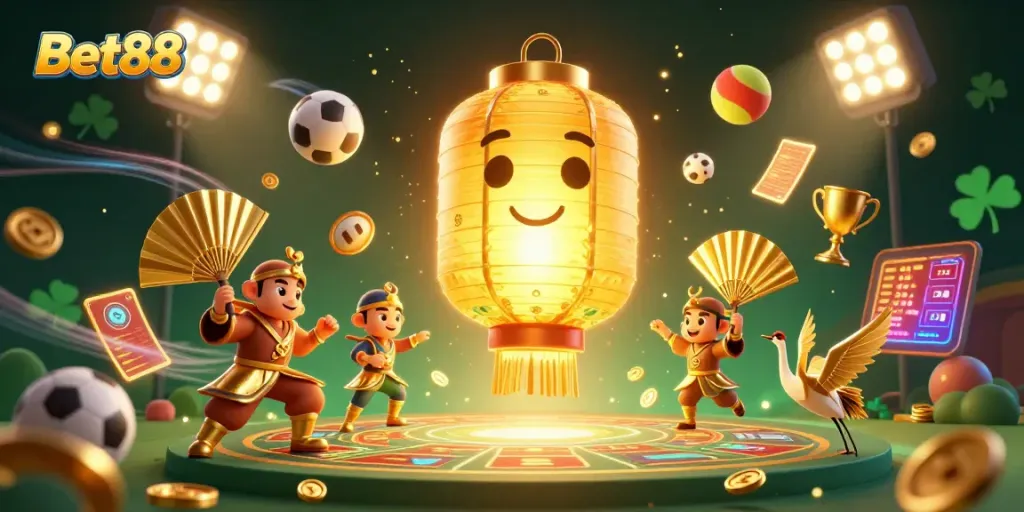 Experience the excitement of Bet88 with dynamic casino characters and vibrant game elements in 3D.