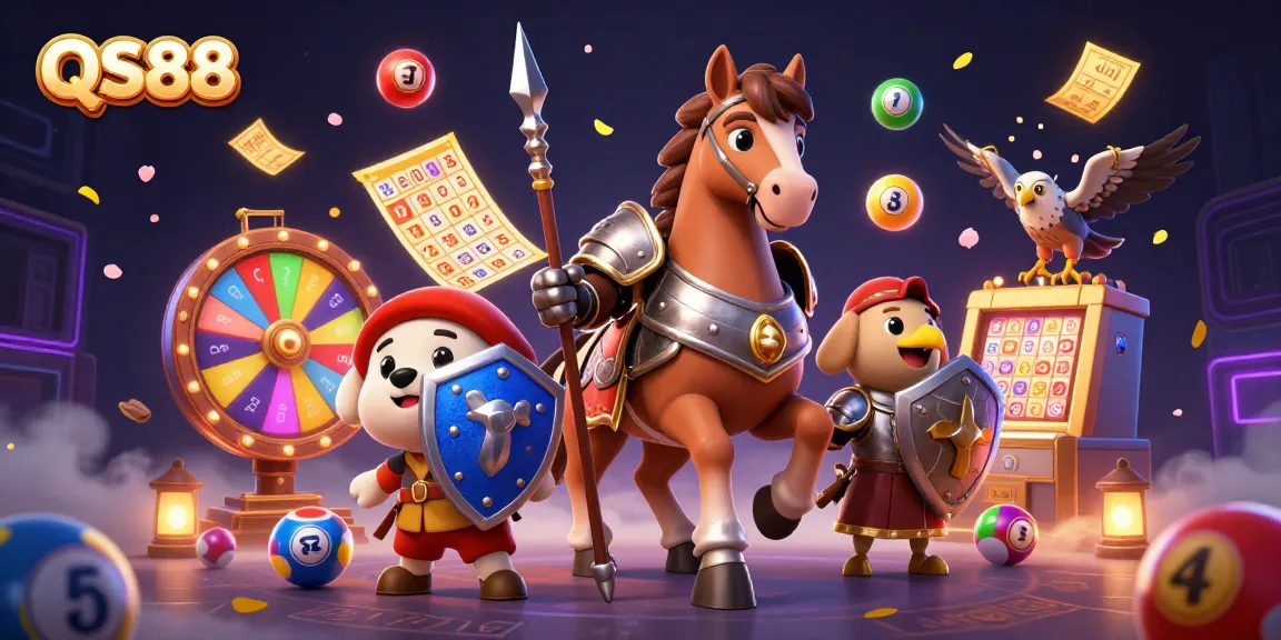 Engage in thrilling gaming with QS88 featuring lottery balls, tickets, and vibrant casino elements.