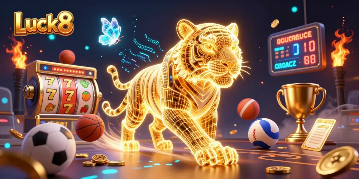 Experience exhilarating gaming at Luck8, showcasing a neon-wireframe tiger in a vibrant casino landscape.