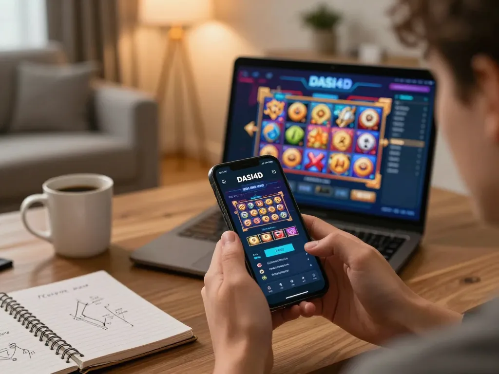 Aplikasi DASI4D ditampilkan di smartphone, menyoroti aksi permainan slot online yang menarik dalam suasana yang nyaman.