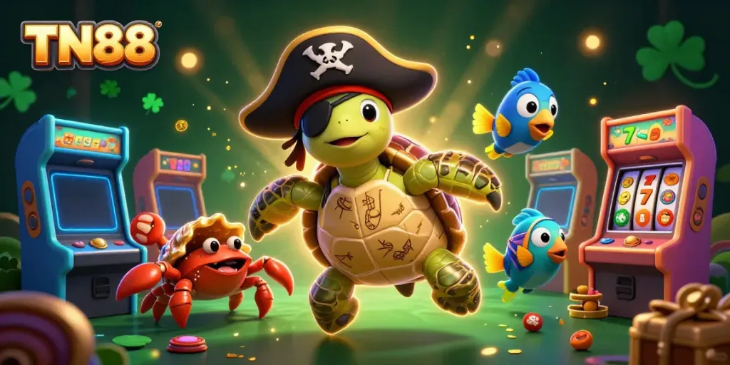 Engage in thrilling gameplay with TN88 among a lively cartoon pirate scene filled with treasures and game elements.