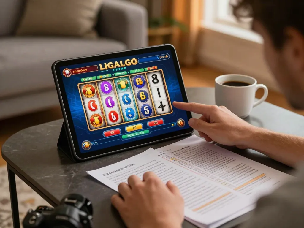 LIGALGO player enjoying demo slot gameplay on a tablet, showcasing exciting online gambling experience.