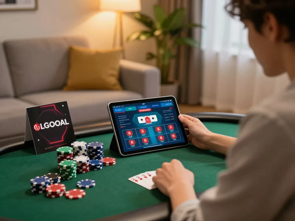 Engaging online gaming scene with a player using the LGOGOAL app for poker, cozy home environment.