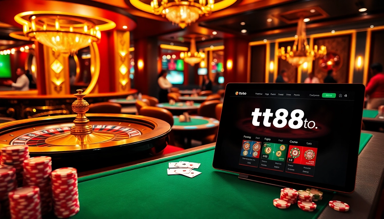 Engaging online casino scene with vibrant colors depicting poker chips and cards on https://tt88.to/ gaming interface.