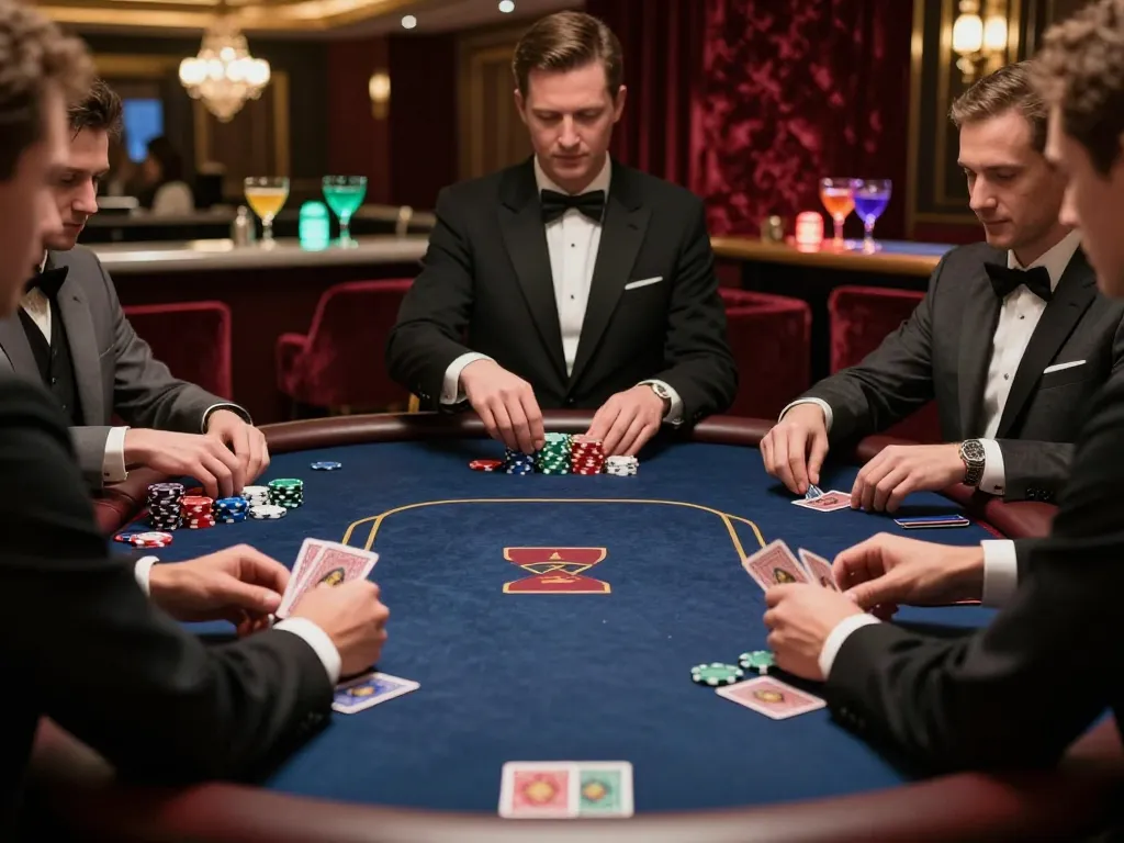 Engaged players at a premium poker table in a janadenole VIP casino area, showcasing strategic gameplay.