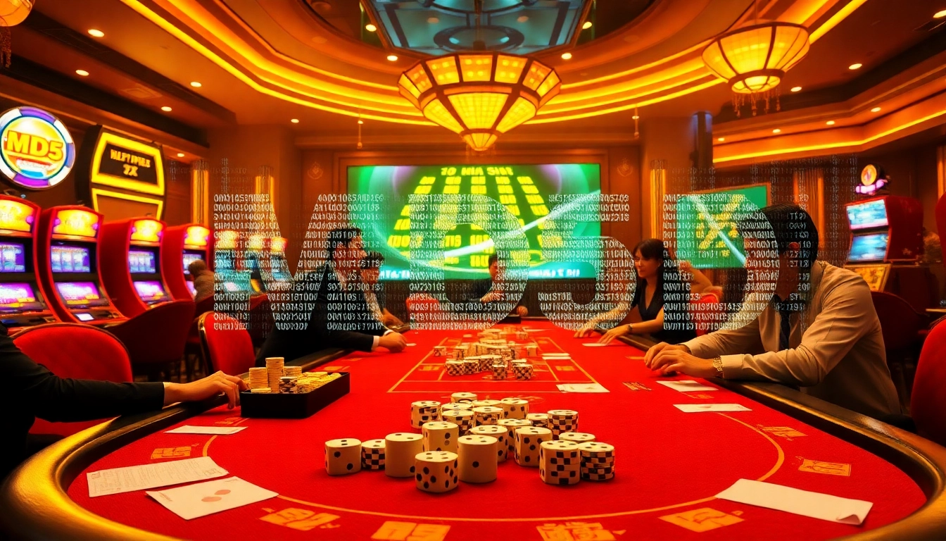 Tài xỉu md5 gameplay with high-stakes bets, vibrant casino atmosphere, and players engaged in action.