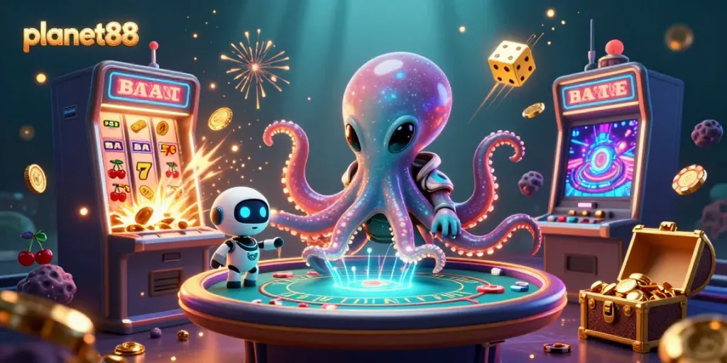 Experience the thrill of planet88 with a dynamic scene of an alien octopus and robot at a poker table amidst a jackpot explosion.