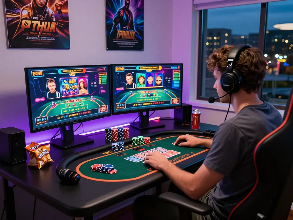 Player engaging with https://f168.today/ vibrant online casino gaming, colorful setup, multiple screens, energetic atmosphere.