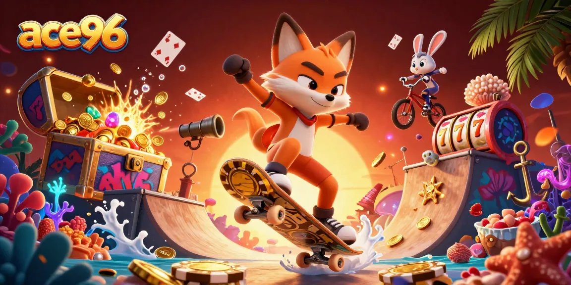 Experience exciting gaming adventures at ace96 with vibrant casino-themed cartoon scene