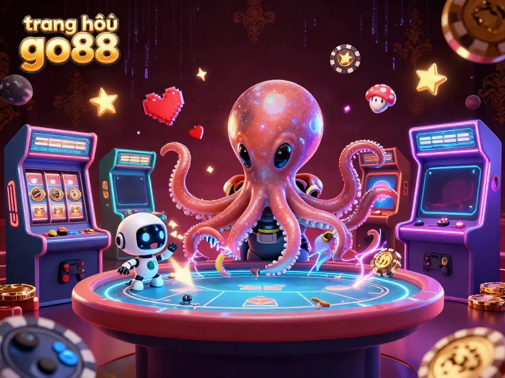 Experience the thrill of gambling with the vibrant cosmic scene at trang chủ go88 showcasing a 3D alien octopus playing poker amidst glowing arcade machines.