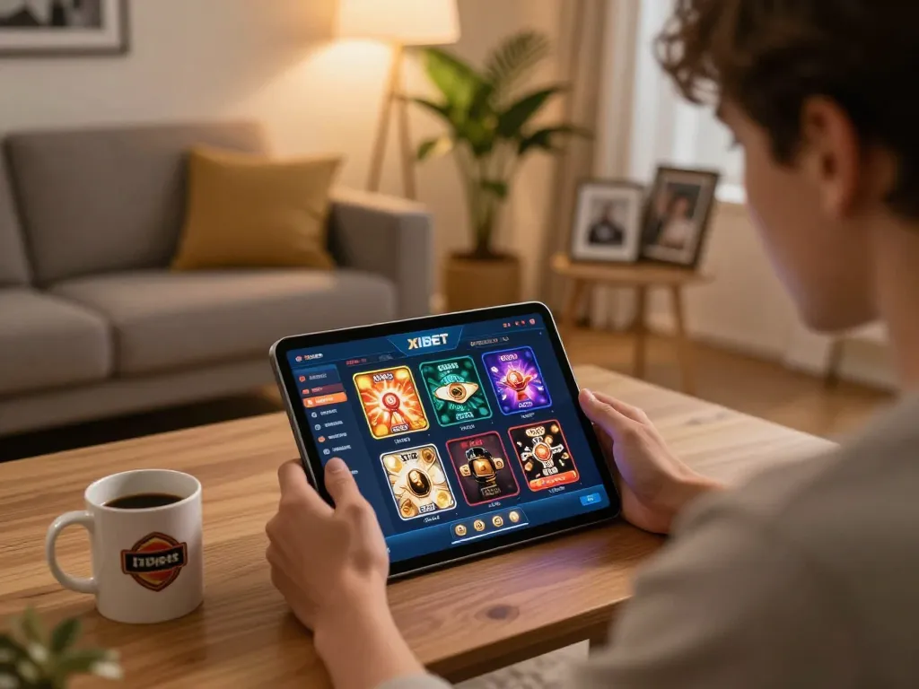 XIBET online gaming experience with a tablet in a cozy home setting showcasing games and strategies.