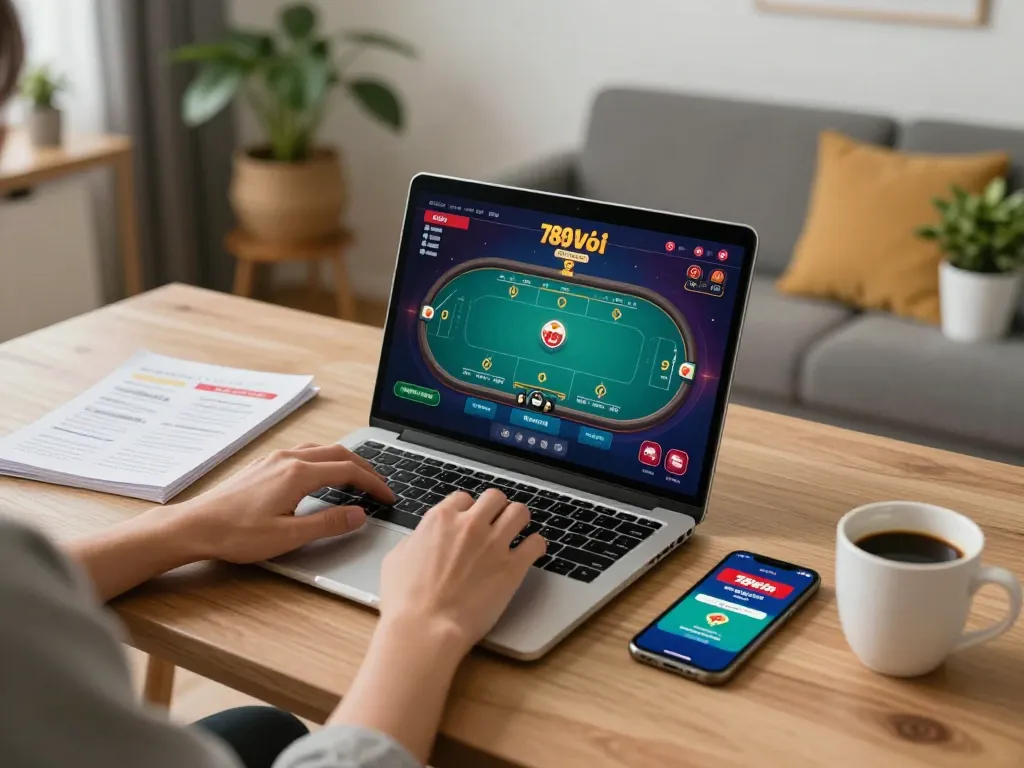 Engage in exciting poker gameplay with 789win link app on a modern laptop setup.