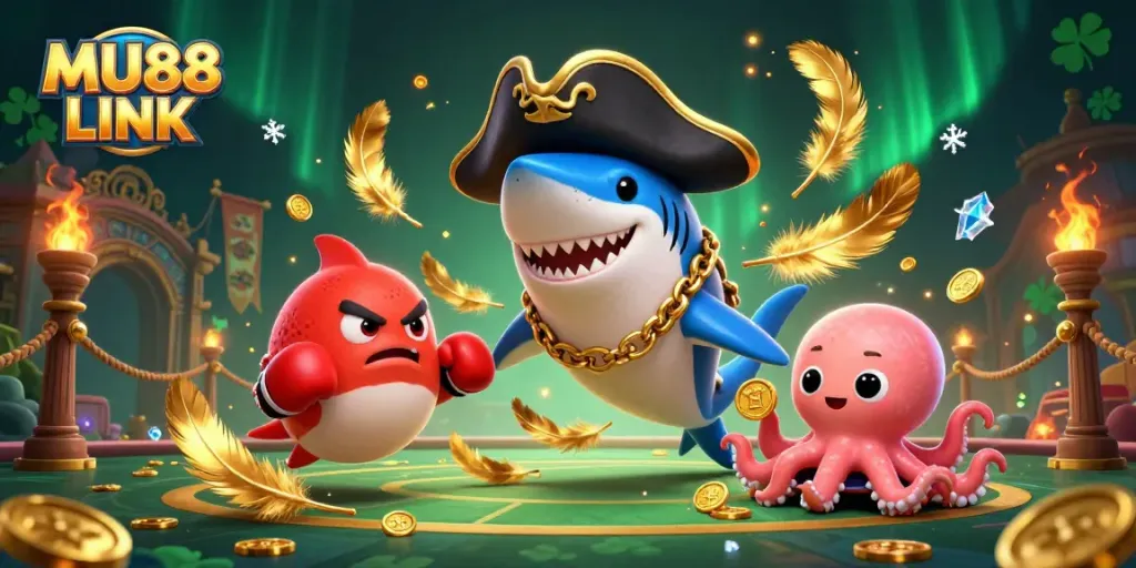 Engage with MU88 LINK's thrilling casino atmosphere showcasing a pirate shark, pufferfish, and octopus amidst vibrant gaming elements.