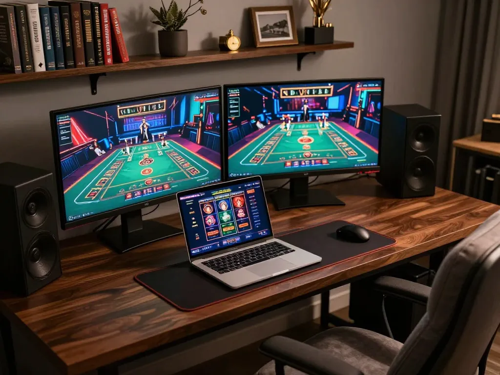 Engaging in online gambling with lc88 setup featuring dual monitors and strategy books