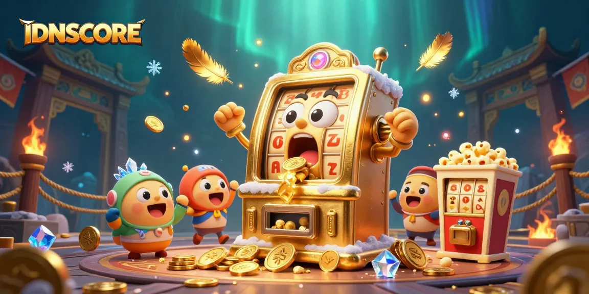 Experience thrilling wins with IDNSCORE as golden slot machines celebrate jackpots amidst dynamic casino elements.