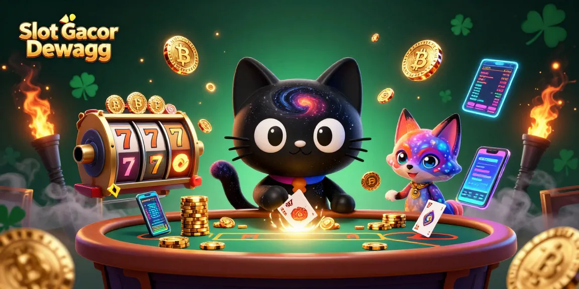 Engage with Slot Gacor Dewagg's thrilling cosmic scene featuring a black hole cat and nebula fox amidst vibrant casino elements.
