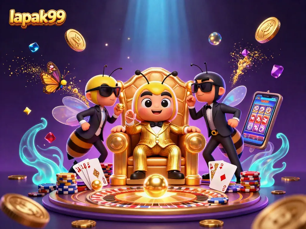Win big with lapak99 in a vibrant 3D casino scene featuring a bumblebee mob boss.