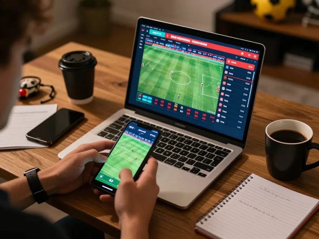 Engaging user placing bets on sports using LGOSUPER gaming platform, highlighting live match excitement.