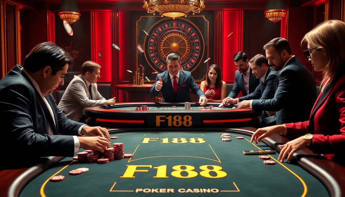 Experience high-stakes gaming at F168's luxurious poker table with excited players and vibrant action.