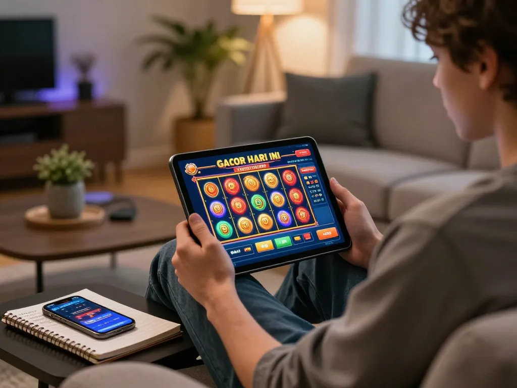 Orang bermain slot gacor hari ini secara online di tablet dalam suasana rumah yang nyaman, fokus dan strategis.