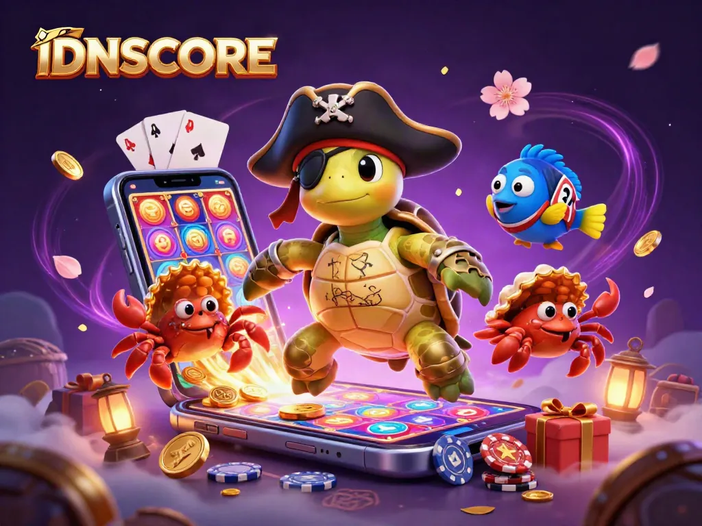 Engage with IDNSCORE's vibrant online gaming experience featuring a pirate turtle with slot games.