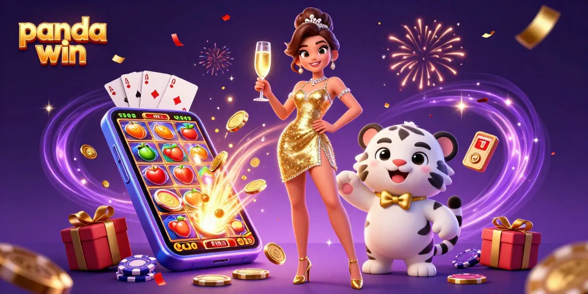 Tindakan slot panda win dengan wanita glamor dan harimau keberuntungan, dikelilingi oleh elemen permainan slot yang cerah.