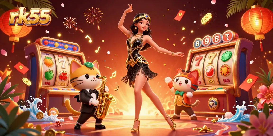 Engage with exciting slot rewards at rk55, featuring vibrant characters and casino symbols swirling around.