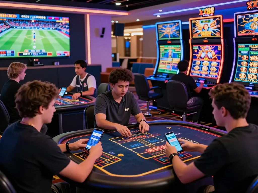 Engaging online gambling scene at XX88 with diverse players enjoying a vibrant gaming experience.