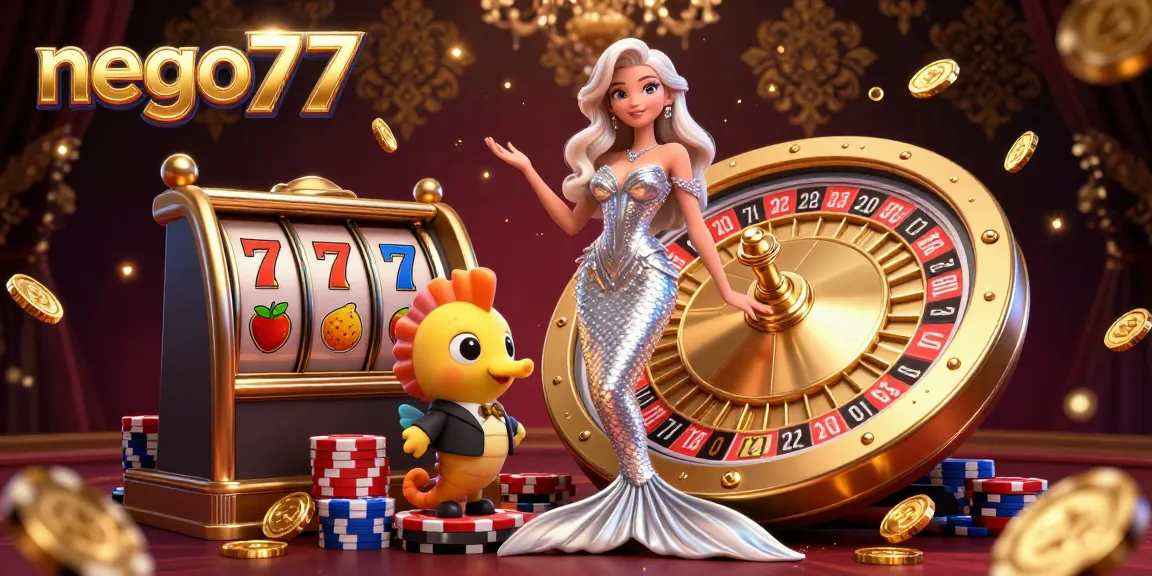 Nego77 showcases a stunning roulette scene with a glamorous mermaid and vibrant game elements capturing thrilling casino excitement.
