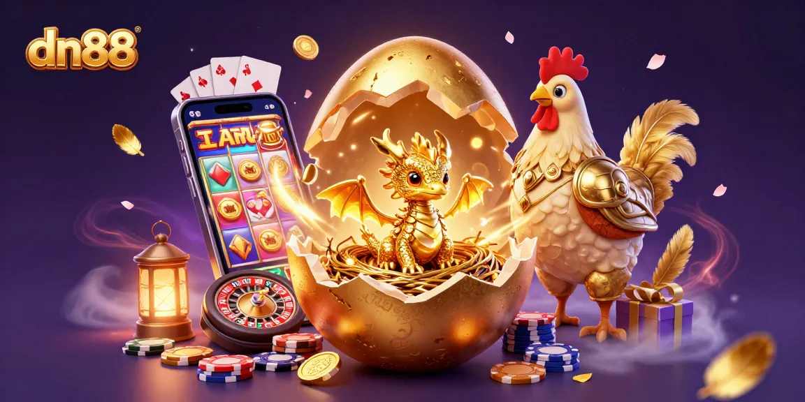 Engage with the world of dn88 casino, featuring a golden baby dragon and vibrant slot games.