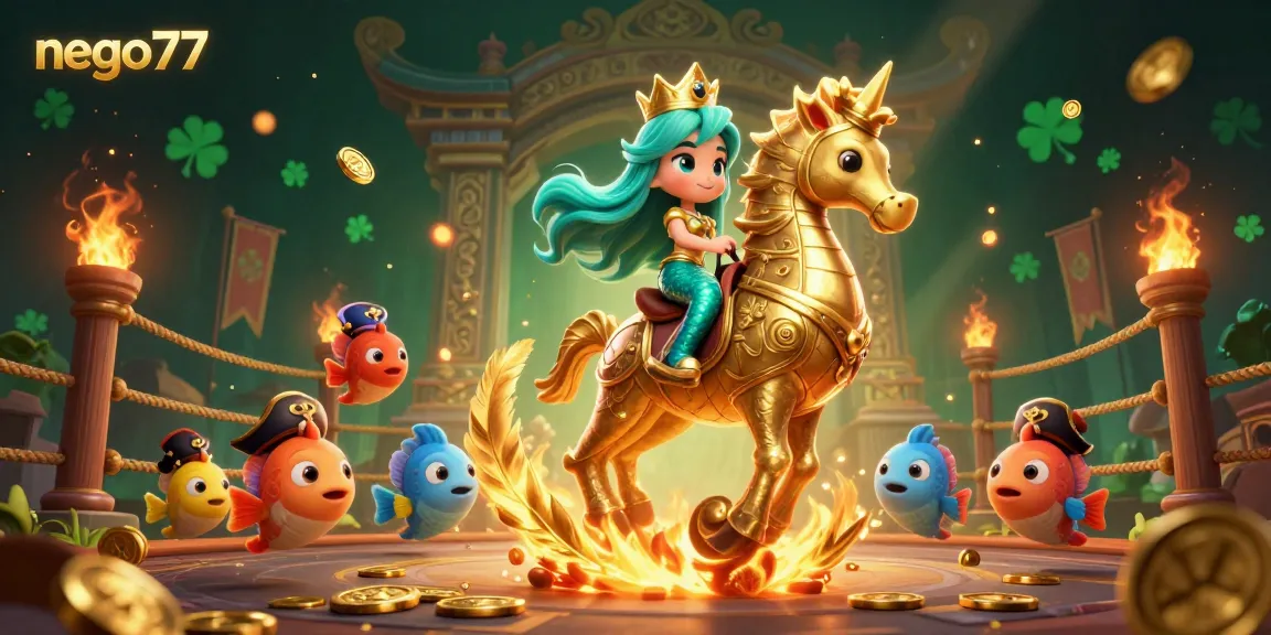 Engage with nego77 featuring a vibrant mermaid princess and her seahorse, surrounded by dynamic casino elements.
