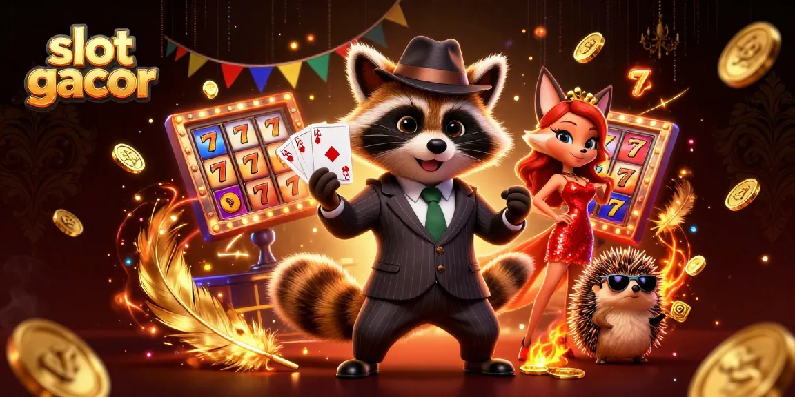 Engage in lively slot gacor gameplay with a suave raccoon, glamorous fox, and vigilant hedgehog in a vibrant casino scene.
